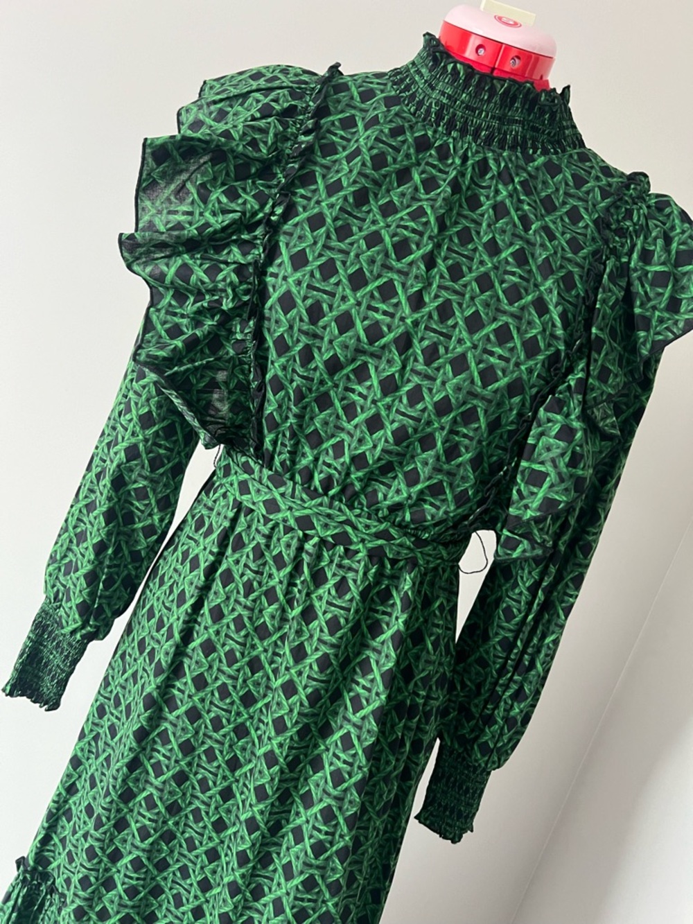 Smocked High-Neck Green Patterned Long Sleeve Dress